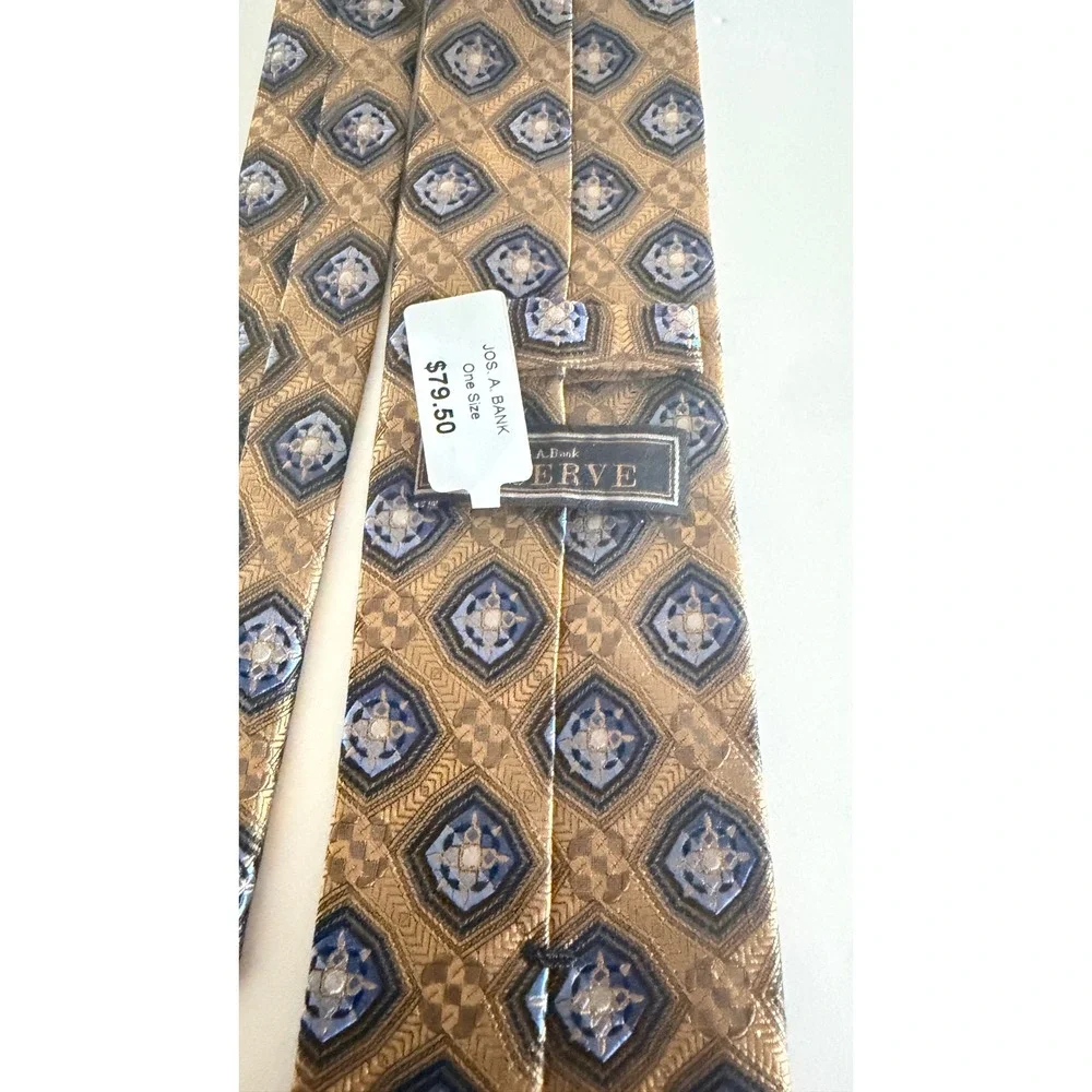 Jos A Bank Reserve Silk Tie Gold Blue Geometric Medallion Necktie Classical New